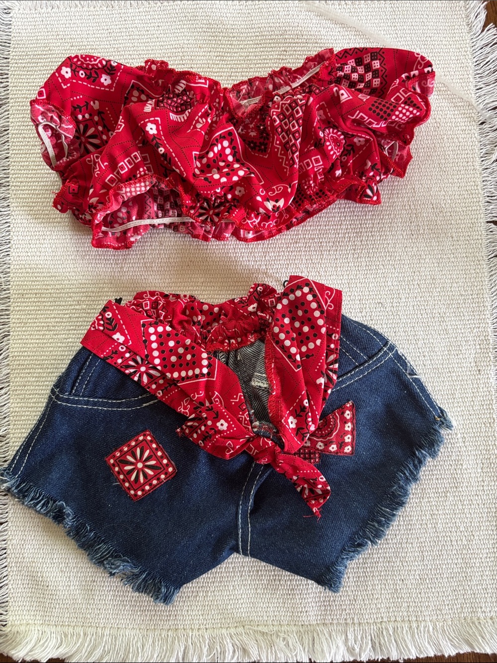 Build-A-Bear summer set red bandana-print tube top and denim cutoff shorts.